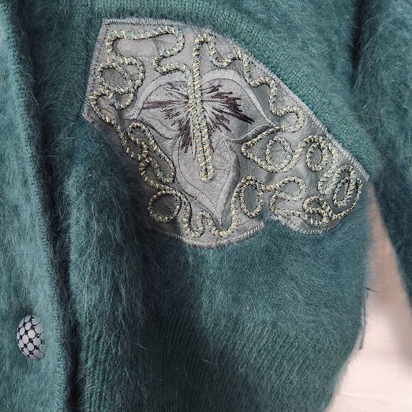 VNTG Belldini Dark Teal Angora Embellished Button Up Lined Sweater Jacket Sz Med - Picture 6 of 16